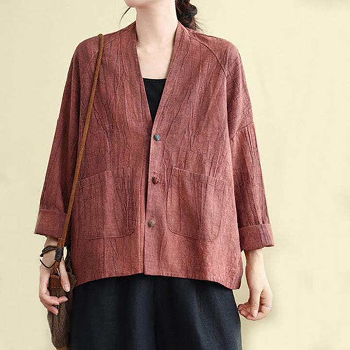 Chaqueta de lino y algodón de manga larga para mujer con bolsillos y Buddha Stones - image 8