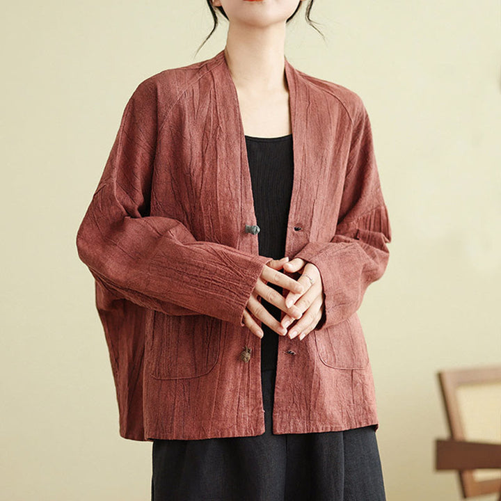 Chaqueta de lino y algodón de manga larga para mujer con bolsillos y Buddha Stones - Rojo indio - US14，UK/AU18，EU46 (2XL) - image 7