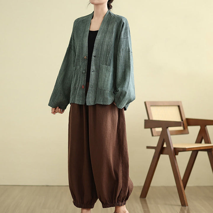 Chaqueta de lino y algodón de manga larga para mujer con bolsillos y Buddha Stones - image 23