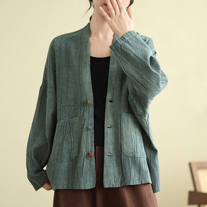 Chaqueta de lino y algodón de manga larga para mujer con bolsillos y Buddha Stones - image 19