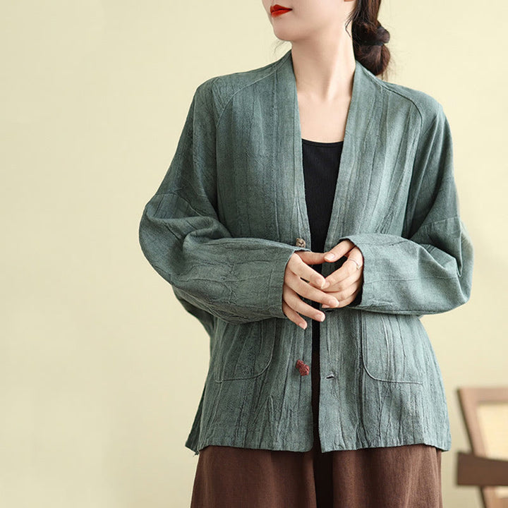 Chaqueta de lino y algodón de manga larga para mujer con bolsillos y Buddha Stones - image 21