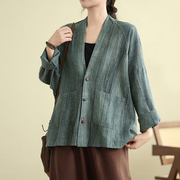 Chaqueta de lino y algodón de manga larga para mujer con bolsillos y Buddha Stones - Azul cadete - US14，UK/AU18，EU46 (2XL) - image 17