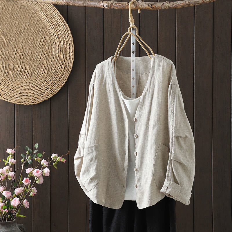 Chaqueta de algodón con cuello en V y bolsillos para mujer de Buddha Stones en color puro - Beige - US14，UK/AU18，EU46 (2XL) - image 1