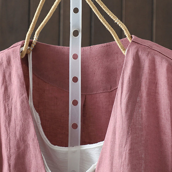Chaqueta de algodón con cuello en V y bolsillos para mujer de Buddha Stones en color puro - image 15