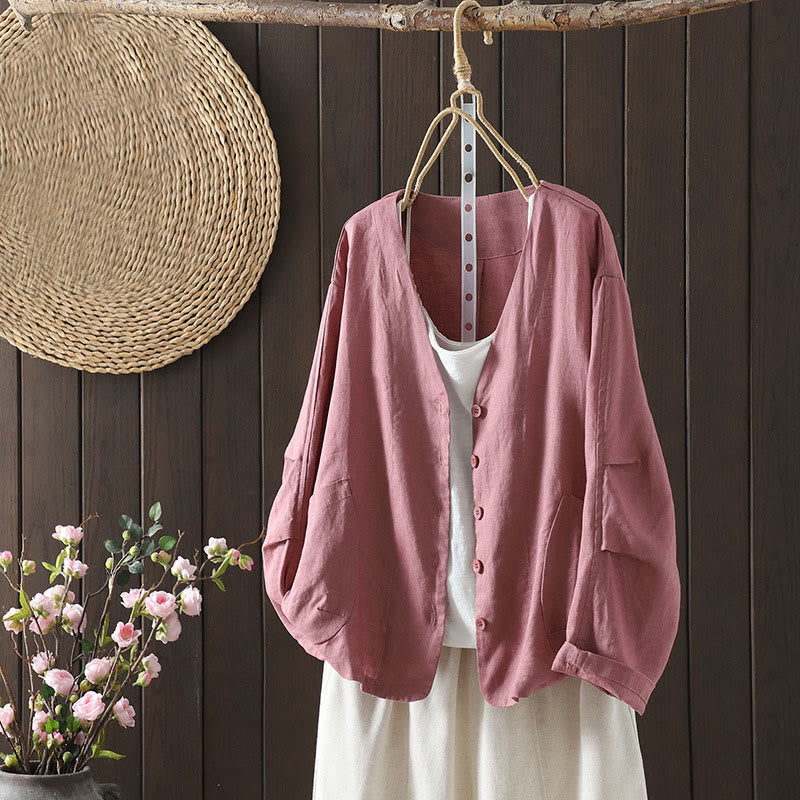 Chaqueta de algodón con cuello en V y bolsillos para mujer de Buddha Stones en color puro - Violeta pálido rojo - US14，UK/AU18，EU46 (2XL) - image 6
