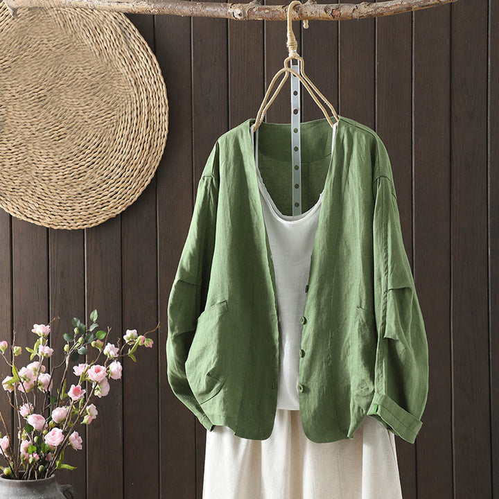 Chaqueta de algodón con cuello en V y bolsillos para mujer de Buddha Stones en color puro - Verde mar medio - US14，UK/AU18，EU46 (2XL) - image 18