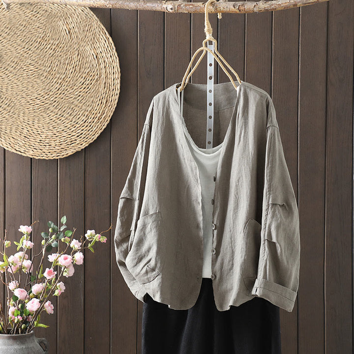 Chaqueta de algodón con cuello en V y bolsillos para mujer de Buddha Stones en color puro - Gris oscuro - US14，UK/AU18，EU46 (2XL) - image 23