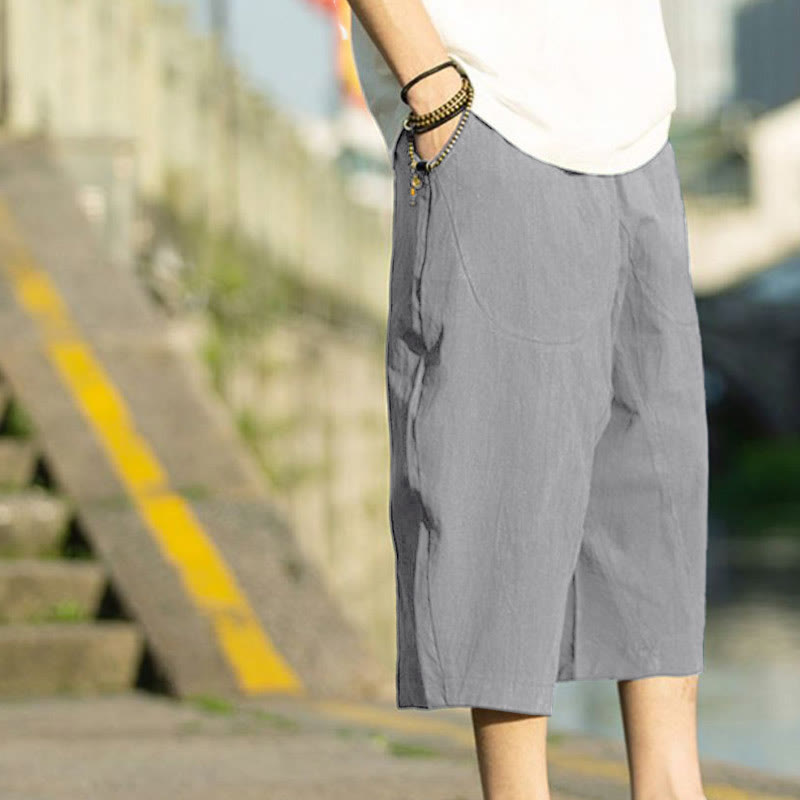 Pantalones de lino y algodón con diseño plisado de Buddha Stones para hombre, de verano, con cordón ajustable, de largo 7-8 y bolsillos - image 3