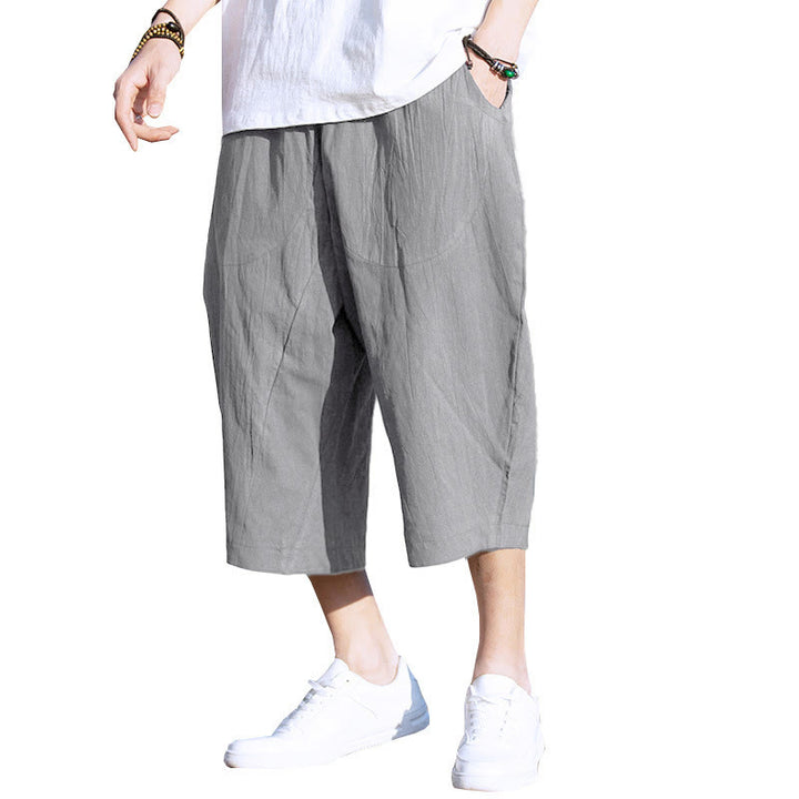 Pantalones de lino y algodón con diseño plisado de Buddha Stones para hombre, de verano, con cordón ajustable, de largo 7-8 y bolsillos - image 4