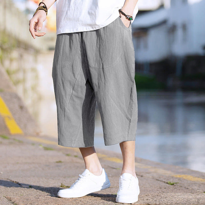 Pantalones de lino y algodón con diseño plisado de Buddha Stones para hombre, de verano, con cordón ajustable, de largo 7-8 y bolsillos - Gris - US/UK/AU46, EU56 (5XL) - image 0