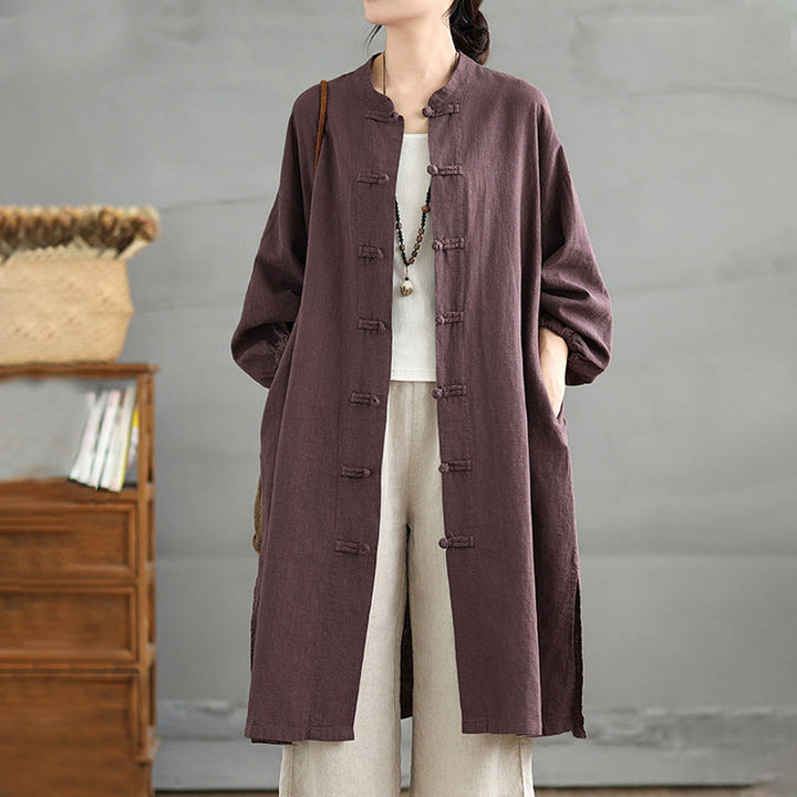 Abrigo informal de lino y algodón con botones de rana para mujer de Buddha Stones y bolsillos - Púrpura - US12, UK/AU16, EU44 (2XL) - image 1