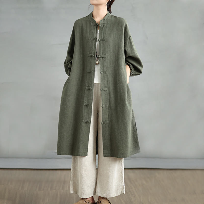 Abrigo informal de lino y algodón con botones de rana para mujer de Buddha Stones y bolsillos - Verde oliva oscuro - US12, UK/AU16, EU44 (2XL) - image 11