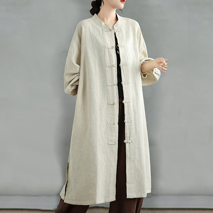 Abrigo informal de lino y algodón con botones de rana para mujer de Buddha Stones y bolsillos - Beige - US12, UK/AU16, EU44 (2XL) - image 17