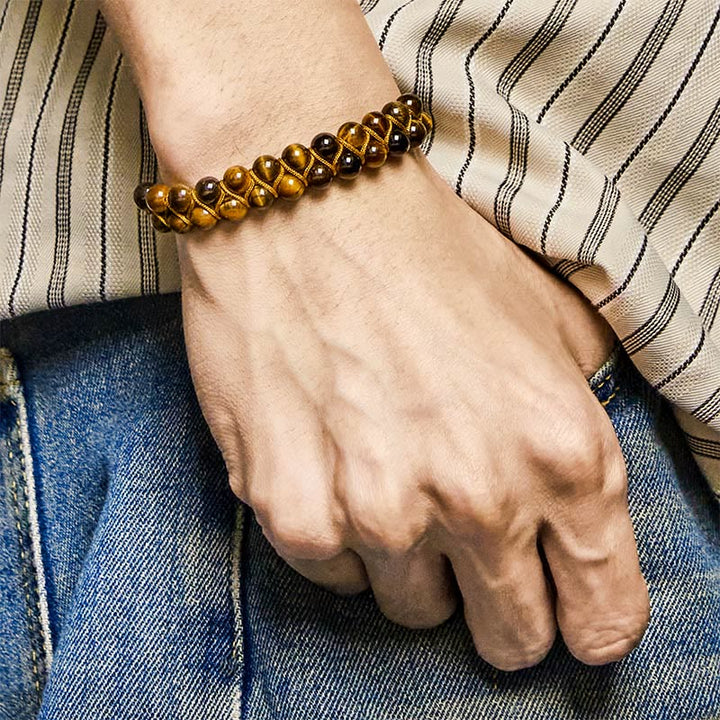Pulsera protectora de cuentas de doble hilera tejidas a mano con ojo de tigre y cinabrio natural de Buddha Stones - image 4