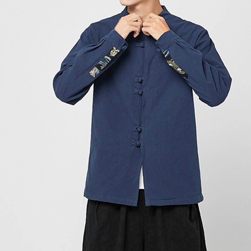 Buddha Stones Camisa de manga larga de algodón con puños con estampado de dragón y botones de rana para hombre - image 1