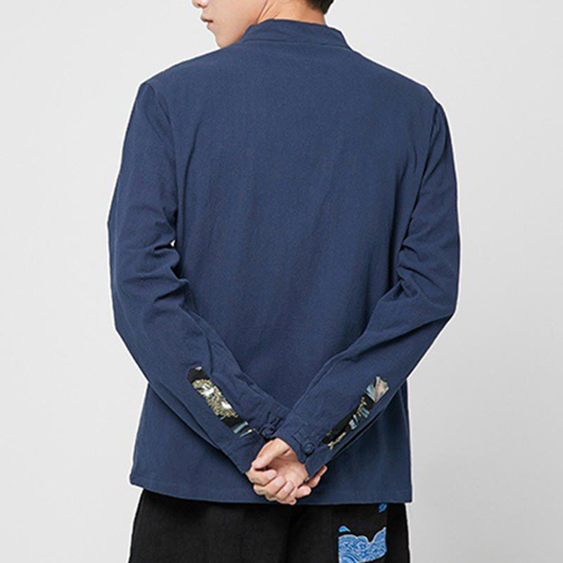 Buddha Stones Camisa de manga larga de algodón con puños con estampado de dragón y botones de rana para hombre - image 3