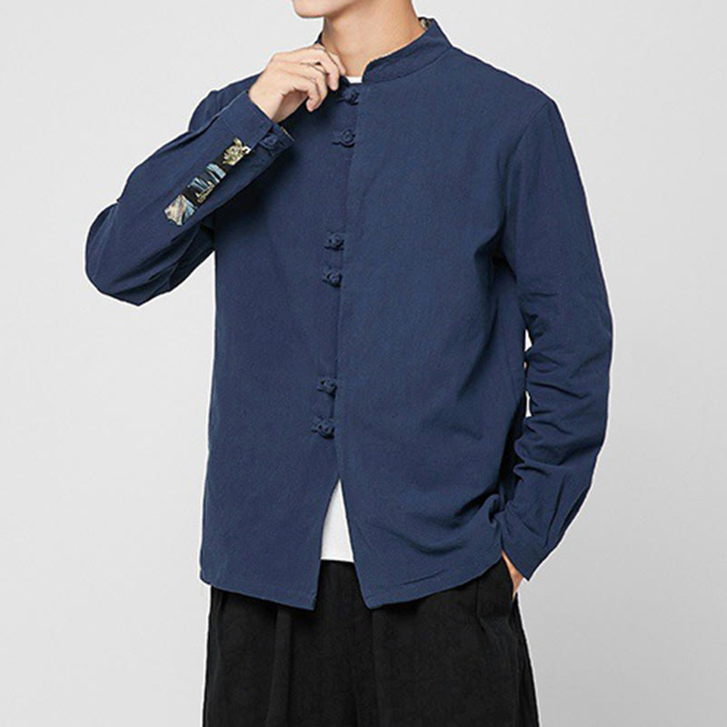 Buddha Stones Camisa de manga larga de algodón con puños con estampado de dragón y botones de rana para hombre - image 2