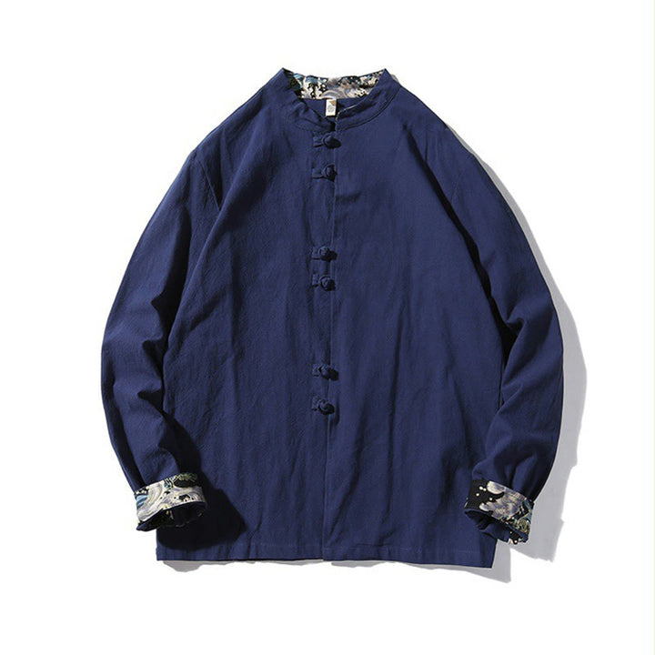 Buddha Stones Camisa de manga larga de algodón con puños con estampado de dragón y botones de rana para hombre - image 4