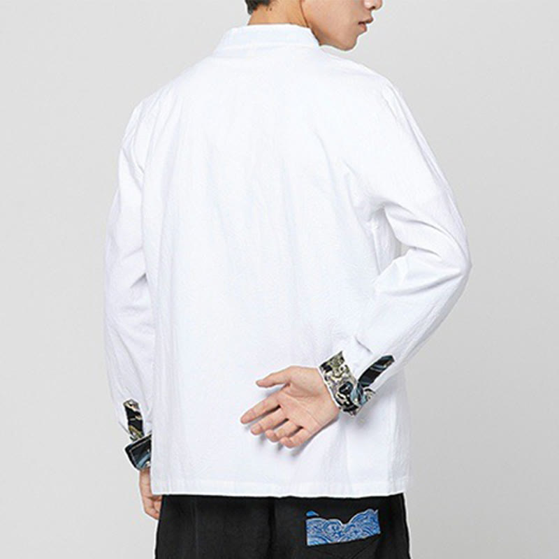 Buddha Stones Camisa de manga larga de algodón con puños con estampado de dragón y botones de rana para hombre - image 11