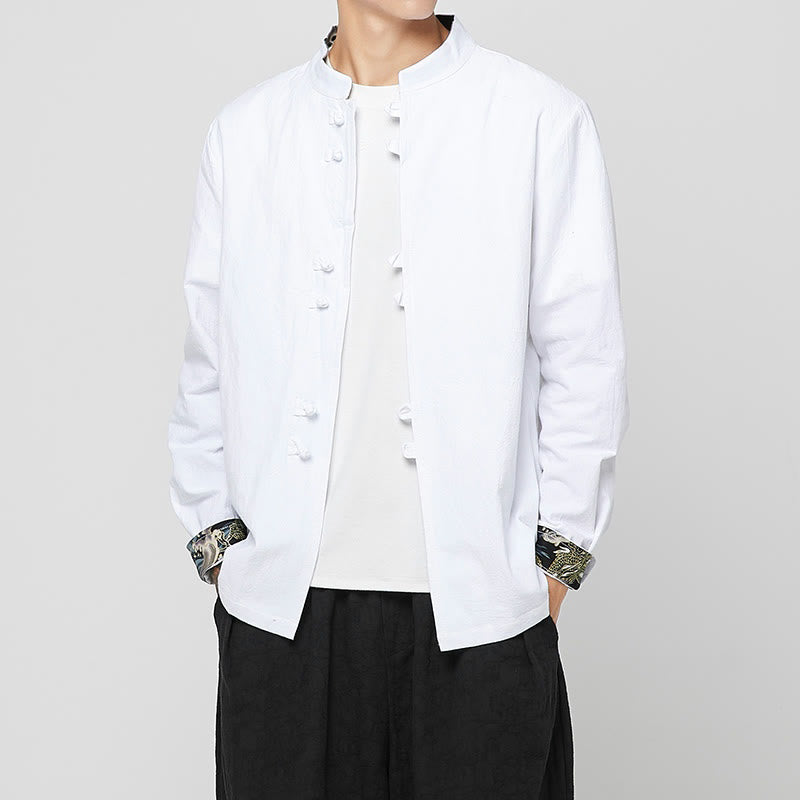 Buddha Stones Camisa de manga larga de algodón con puños con estampado de dragón y botones de rana para hombre - image 12