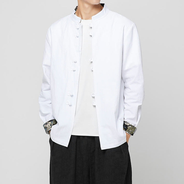 Buddha Stones Camisa de manga larga de algodón con puños con estampado de dragón y botones de rana para hombre - image 12