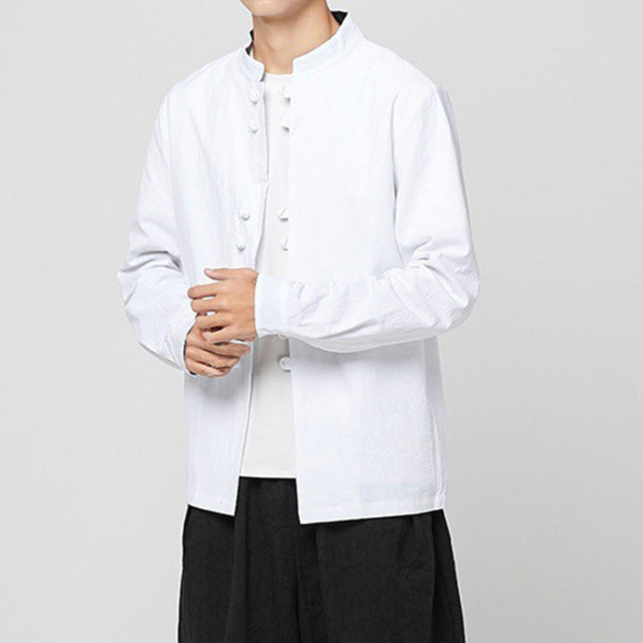 Buddha Stones Camisa de manga larga de algodón con puños con estampado de dragón y botones de rana para hombre - image 8