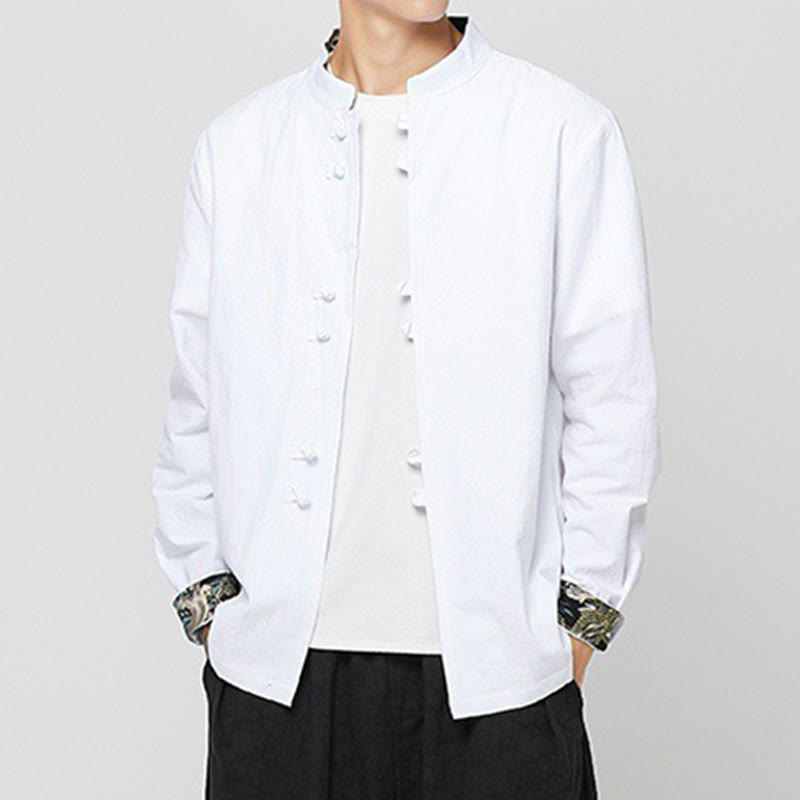 Buddha Stones Camisa de manga larga de algodón con puños con estampado de dragón y botones de rana para hombre - image 10