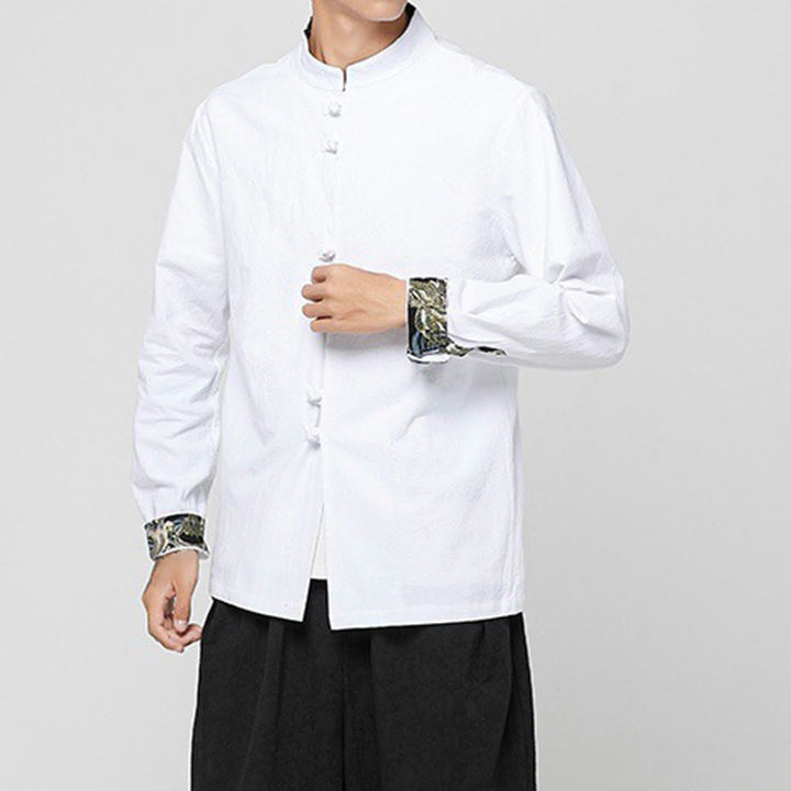 Buddha Stones Camisa de manga larga de algodón con puños con estampado de dragón y botones de rana para hombre - image 9