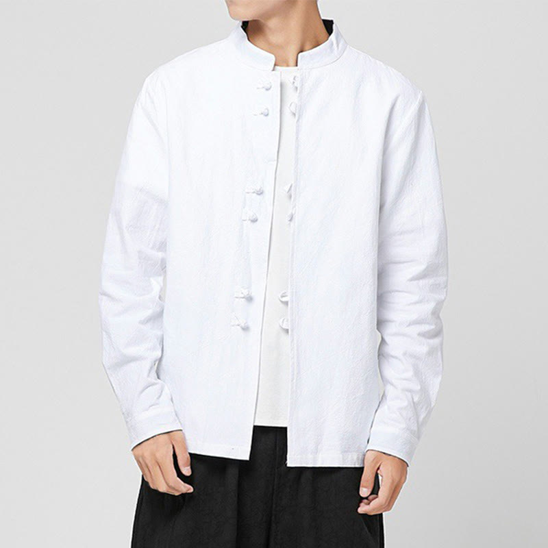 Buddha Stones Camisa de manga larga de algodón con puños con estampado de dragón y botones de rana para hombre - image 6