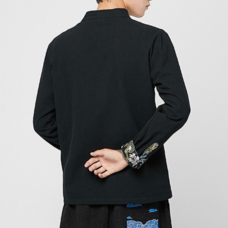 Buddha Stones Camisa de manga larga de algodón con puños con estampado de dragón y botones de rana para hombre - image 18