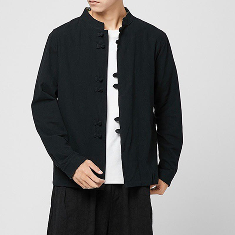 Buddha Stones Camisa de manga larga de algodón con puños con estampado de dragón y botones de rana para hombre - image 14