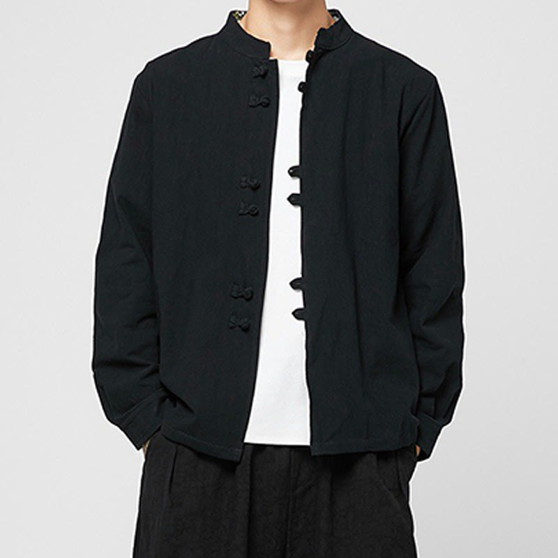 Buddha Stones Camisa de manga larga de algodón con puños con estampado de dragón y botones de rana para hombre - Negro - US/UK/AU46, EU56 (5XL) - image 13