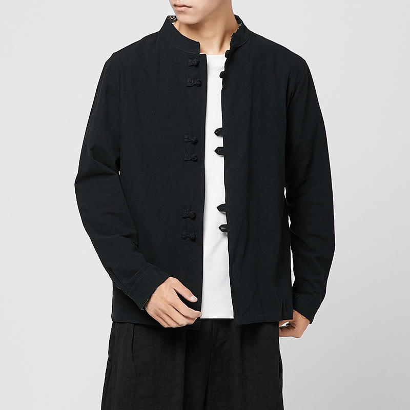 Buddha Stones Camisa de manga larga de algodón con puños con estampado de dragón y botones de rana para hombre - image 16