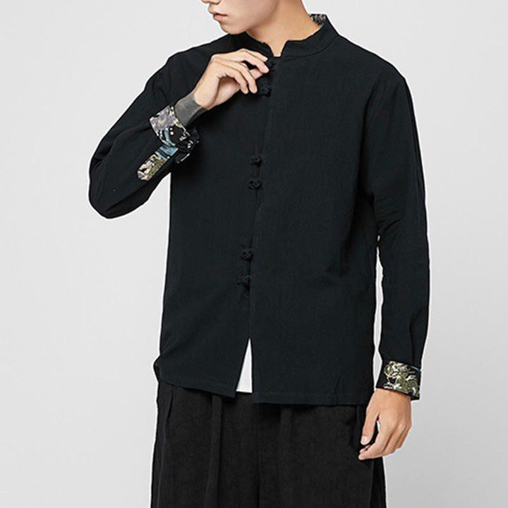 Buddha Stones Camisa de manga larga de algodón con puños con estampado de dragón y botones de rana para hombre - image 17