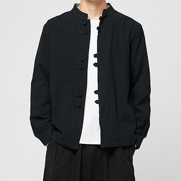 Buddha Stones Camisa de manga larga de algodón con puños con estampado de dragón y botones de rana para hombre - Negro - US/UK/AU46, EU56 (5XL) - image 13