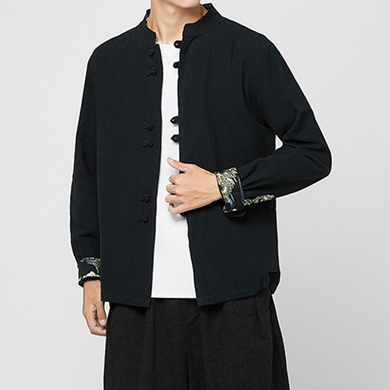 Buddha Stones Camisa de manga larga de algodón con puños con estampado de dragón y botones de rana para hombre - image 15