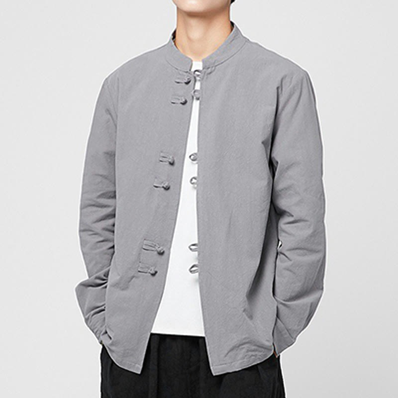 Buddha Stones Camisa de manga larga de algodón con puños con estampado de dragón y botones de rana para hombre - image 23