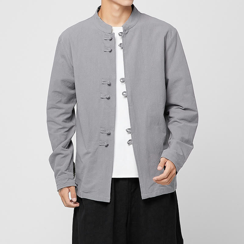 Buddha Stones Camisa de manga larga de algodón con puños con estampado de dragón y botones de rana para hombre - image 20