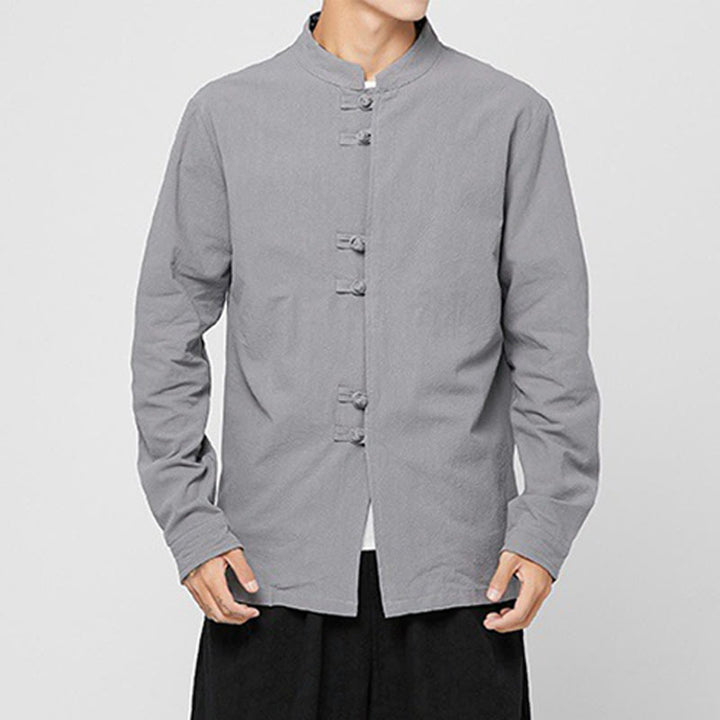 Buddha Stones Camisa de manga larga de algodón con puños con estampado de dragón y botones de rana para hombre - image 21