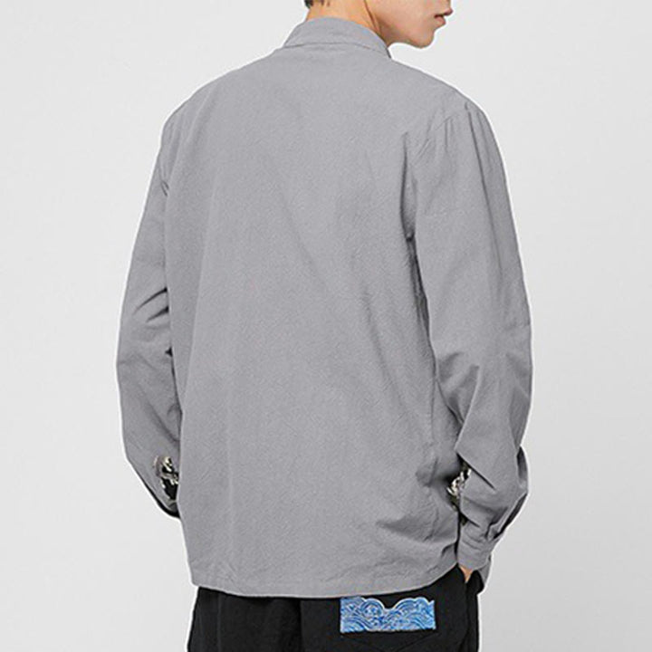 Buddha Stones Camisa de manga larga de algodón con puños con estampado de dragón y botones de rana para hombre - image 24