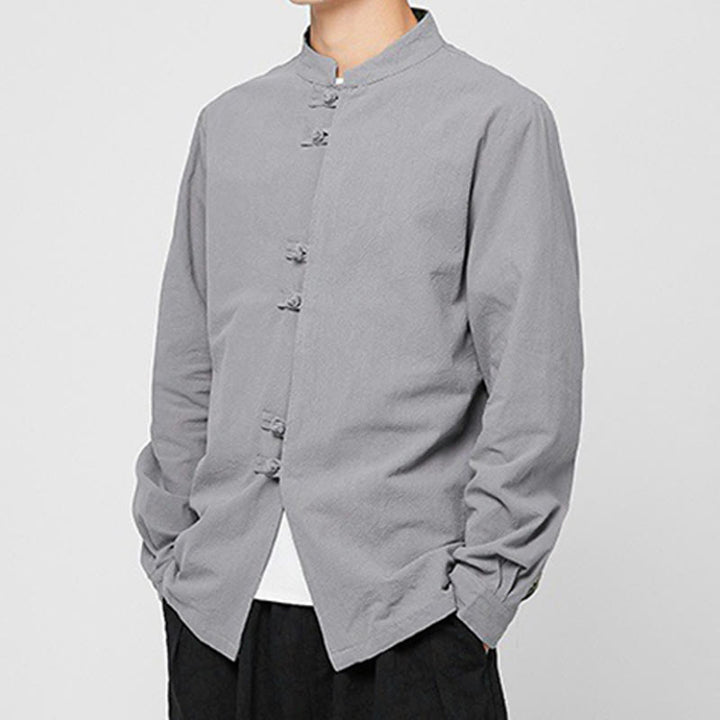 Buddha Stones Camisa de manga larga de algodón con puños con estampado de dragón y botones de rana para hombre - image 25