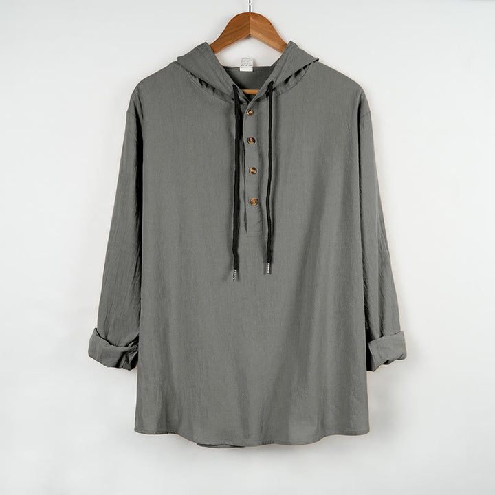 Camisa de algodón de manga larga con capucha y botones para hombre, color liso, con Buddha Stones, para otoño - Gris oscuro - US/UK/AU46, UE56 (3XL) - image 10