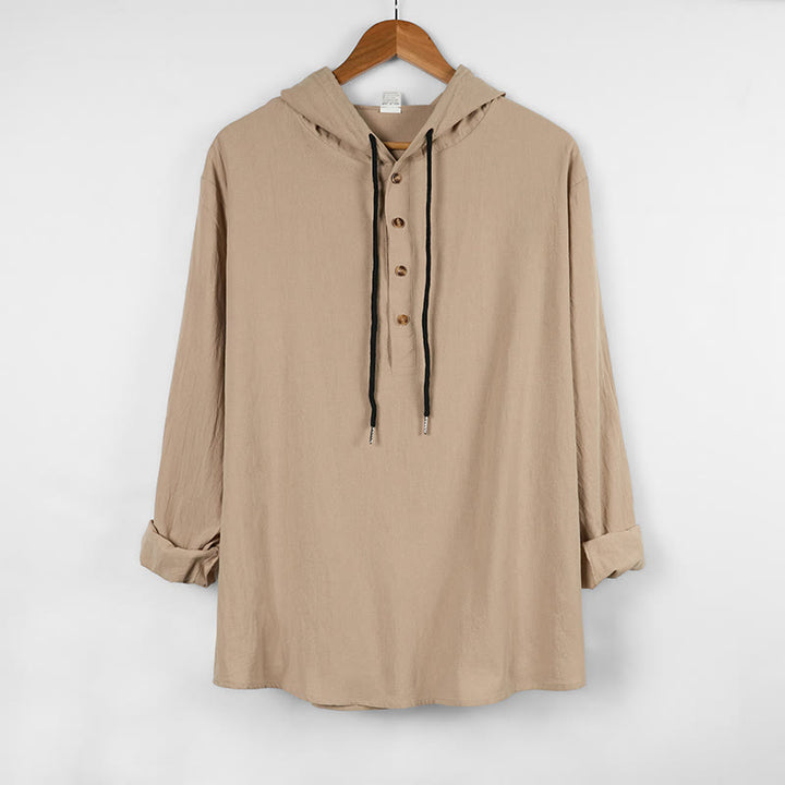 Camisa de algodón de manga larga con capucha y botones para hombre, color liso, con Buddha Stones, para otoño - Beige - US/UK/AU46, UE56 (3XL) - image 12