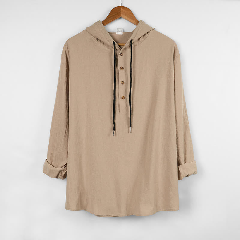 Camisa de algodón de manga larga con capucha y botones para hombre, color liso, con Buddha Stones, para otoño - Beige - US/UK/AU46, UE 56 (3XL) - image 11
