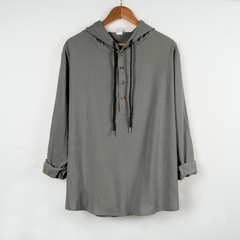 Camisa de algodón de manga larga con capucha y botones para hombre, color liso, con Buddha Stones, para otoño - Gris oscuro - US/UK/AU46, UE 56 (3XL) - image 9