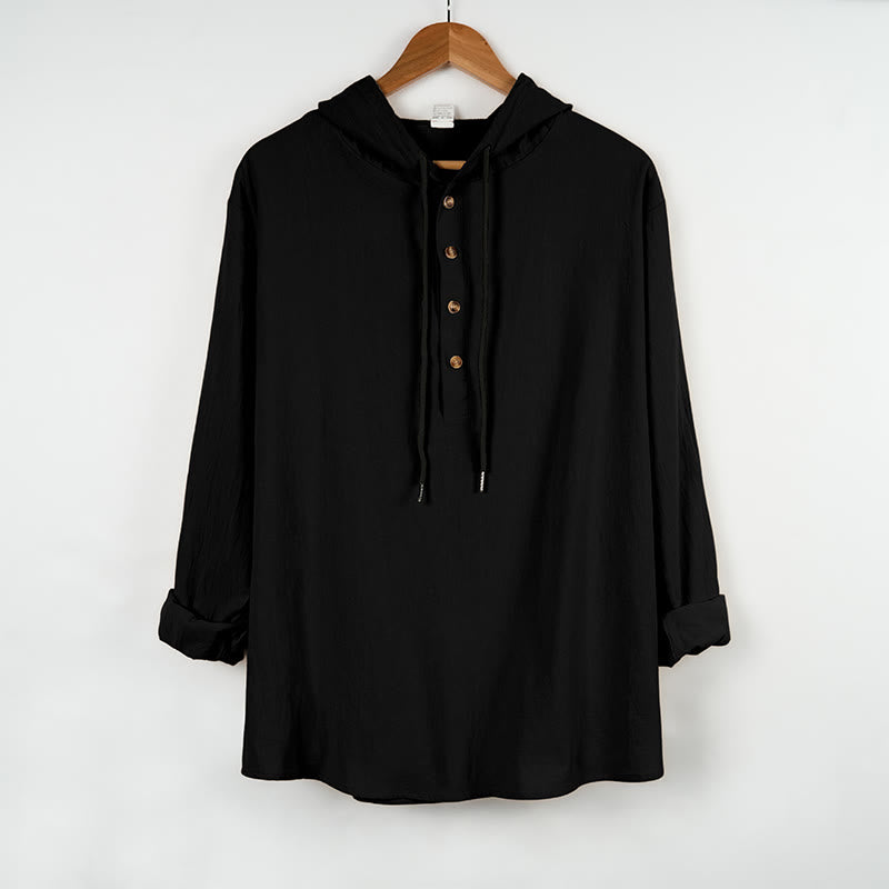 Camisa de algodón de manga larga con capucha y botones para hombre, color liso, con Buddha Stones, para otoño - Negro - US/UK/AU46, UE56 (3XL) - image 8