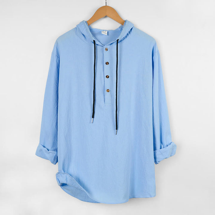 Camisa de algodón de manga larga con capucha y botones para hombre, color liso, con Buddha Stones, para otoño - Azul cielo claro - US/UK/AU46, UE56 (3XL) - image 1
