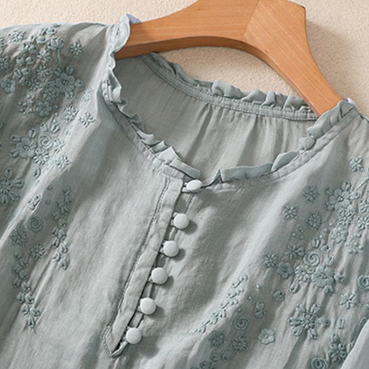 Camisa informal de lino y algodón con mangas abullonadas y diseño floral bordado con botones y Buddha Stones para mujer - image 4