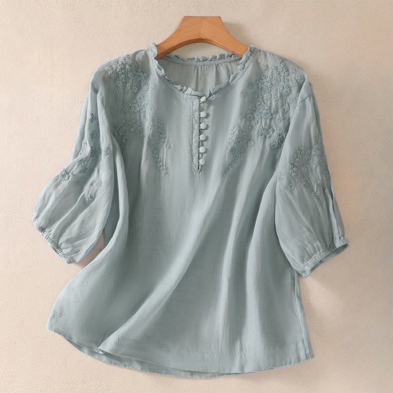 Camisa informal de lino y algodón con mangas abullonadas y diseño floral bordado con botones y Buddha Stones para mujer - Azul claro - US8-10，UK/AU12-14，EU40-42 (2XL) - image 1