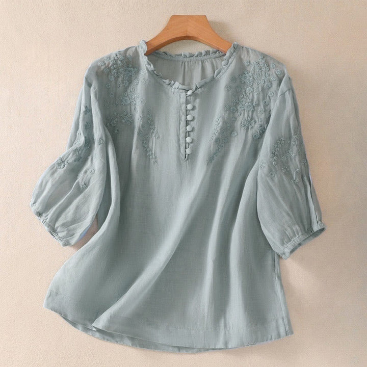 Camisa informal de lino y algodón con mangas abullonadas y diseño floral bordado con botones y Buddha Stones para mujer - Azul claro - US8-10，UK/AU12-14，EU40-42 (2XL) - image 1